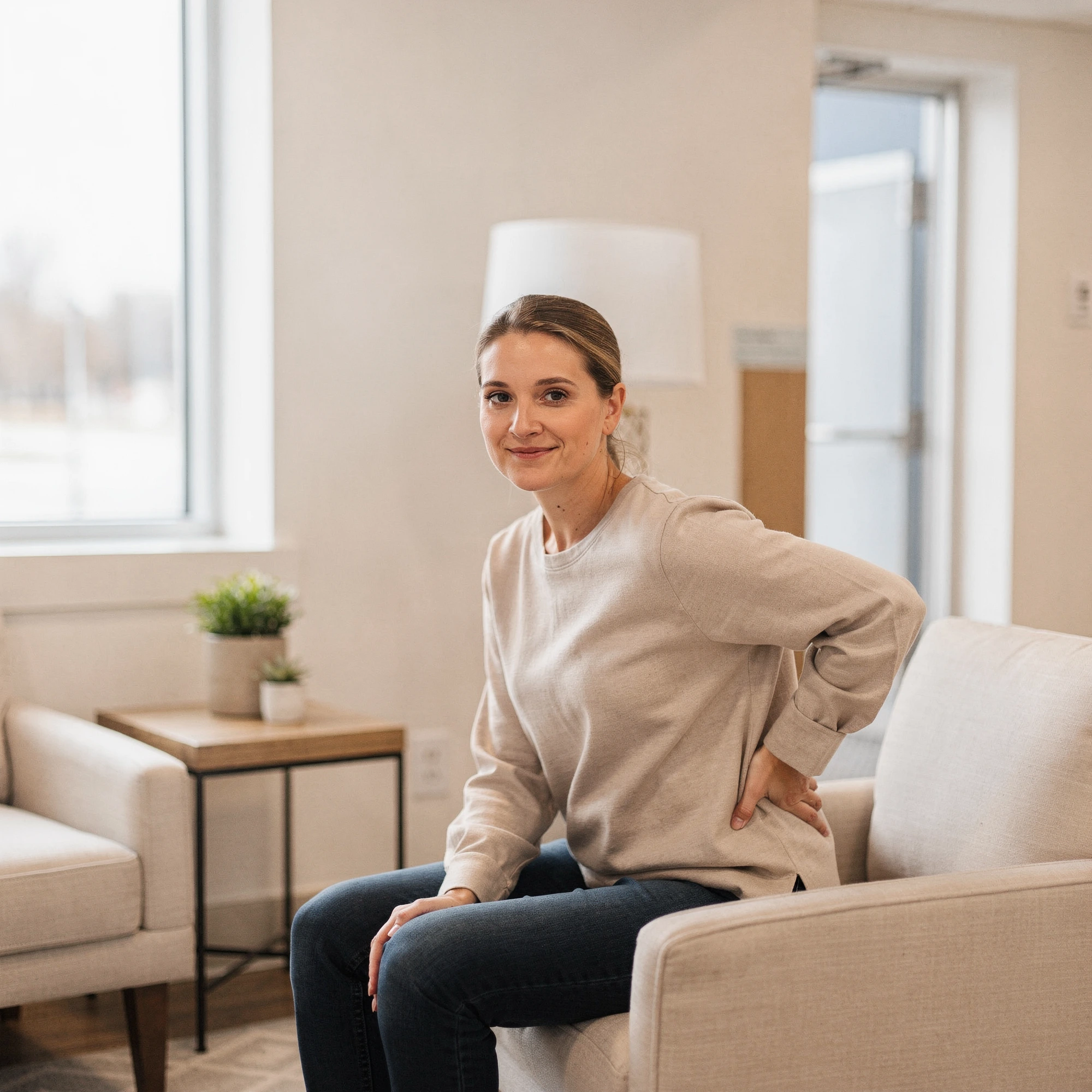 Woman holding her lower back while sitting on a couch in a clinical waiting room